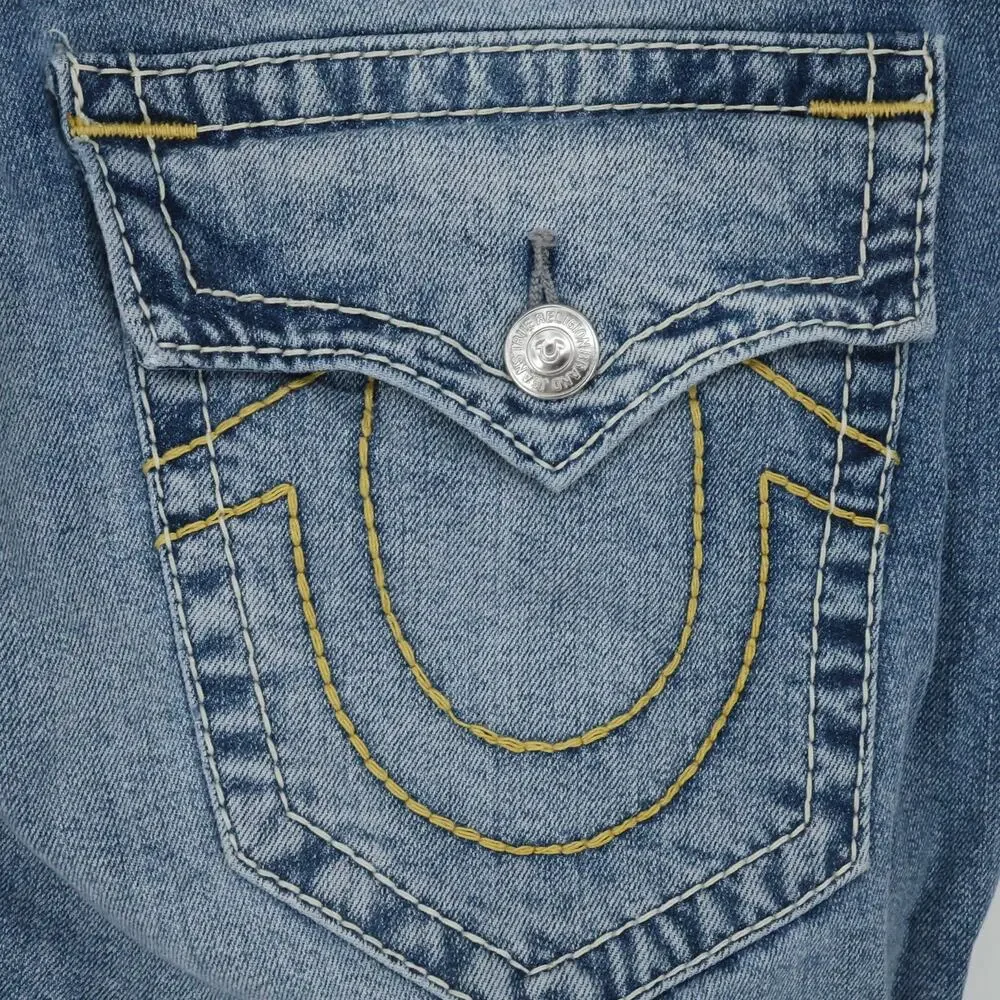 True Religion Jeans Mens 38 x 34 Blue Denim Rocco Relaxed Skinny Flap Pockets